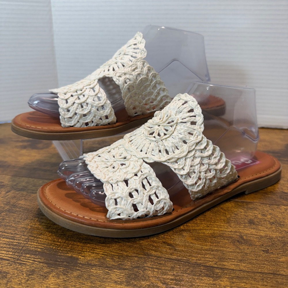 Pop Comfort Fit Sea Shore Flat Sandals 9.5 White Crochet Raffia Slide Boho Beach